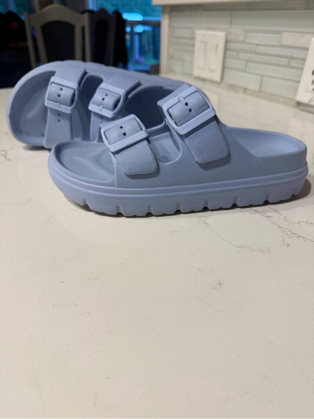 Women’s Triple-Buckle Casual Slides in Light Blue